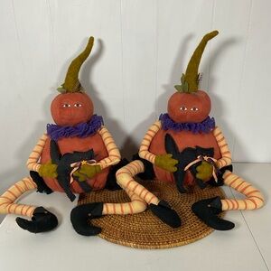 Large Halloween Fall Pumpkin Shelf Sitter Holding A Black Cat Dangling Legs 19”